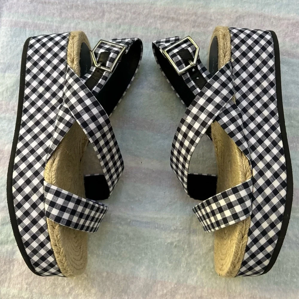 Rag & Bone Megan Size 9** Linen Platform Sandals Navy Gingham Slingback
